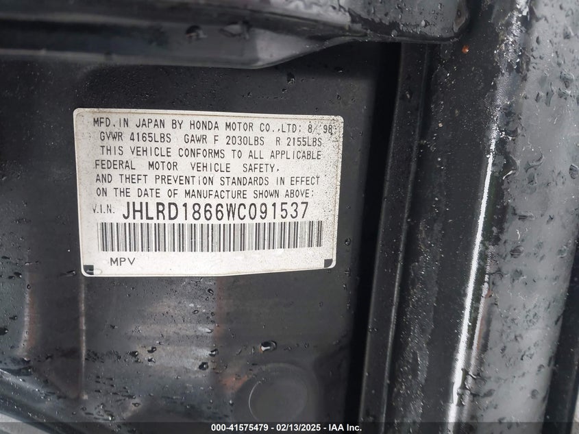 1998 Honda Cr-V Ex VIN: JHLRD1866WC091537 Lot: 41575479