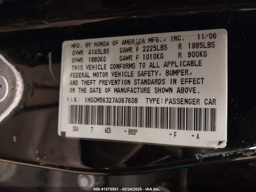 2007 Honda Accord Se VIN: 1HGCM56327A067608 Lot: 41575581