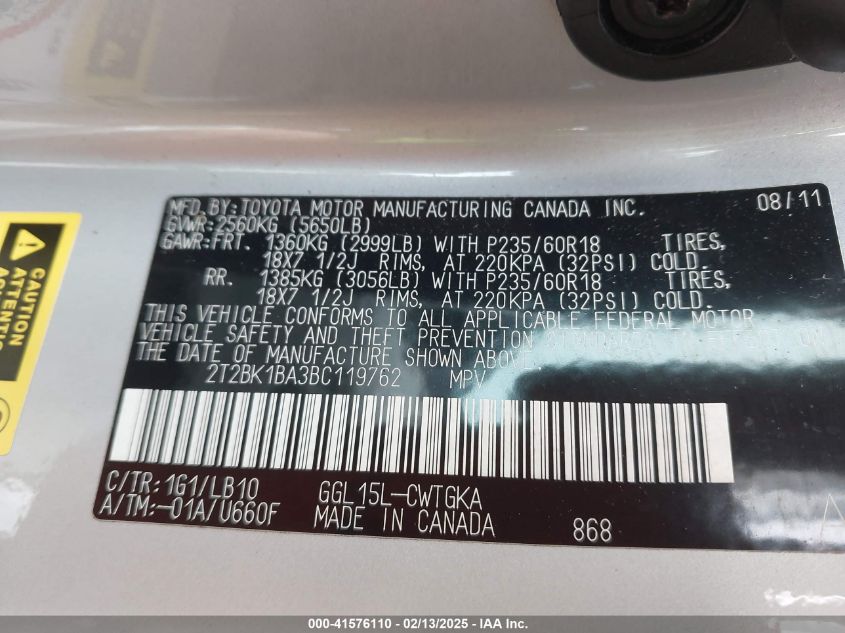 2011 Lexus Rx 350 VIN: 2T2BK1BA3BC119762 Lot: 41576110