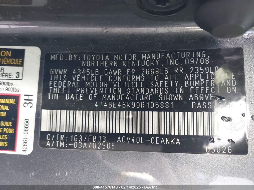 2009 Toyota Camry Le VIN: 4T4BE46K99R105881 Lot: 41576148