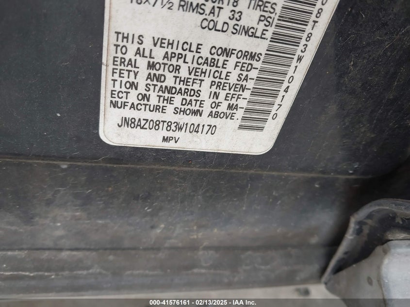 2003 Nissan Murano Sl VIN: JN8AZ08T83W104170 Lot: 41576161
