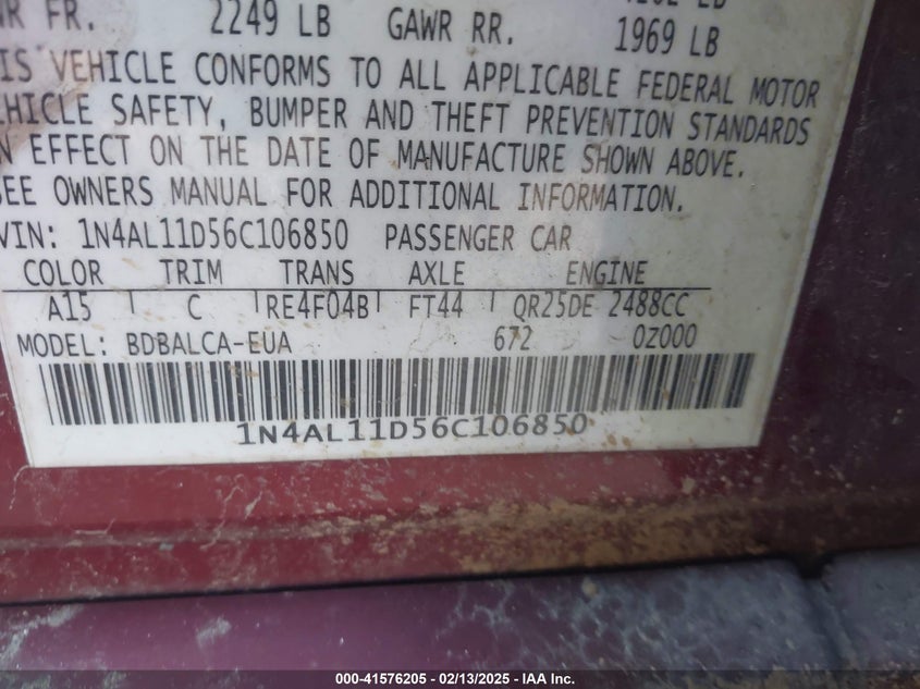 2006 NISSAN ALTIMA VIN: 1N4AL11D56C106850