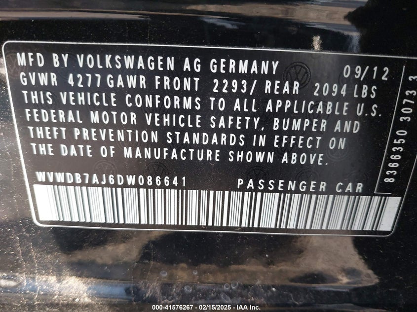 2013 VOLKSWAGEN GOLF VIN: WVWDB7AJ6DW086641