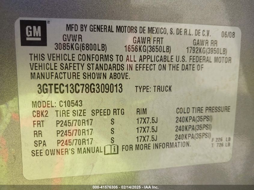 2008 GMC Sierra 1500 Sl VIN: 3GTEC13C78G309013 Lot: 41576305
