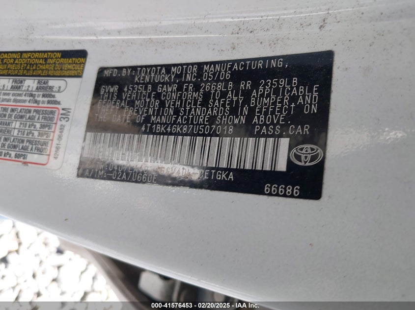 2007 TOYOTA CAMRY VIN: 4T1BK46K87U507018