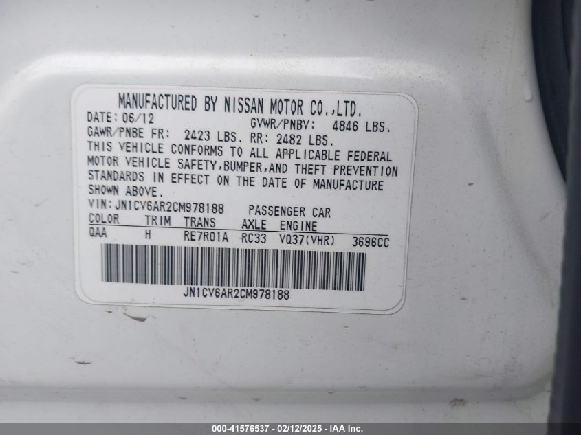 2012 Infiniti G37X VIN: JN1CV6AR2CM978188 Lot: 41576537