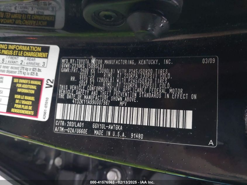 2009 Toyota Venza Base V6 VIN: 4T3ZK11A99U007987 Lot: 41576563