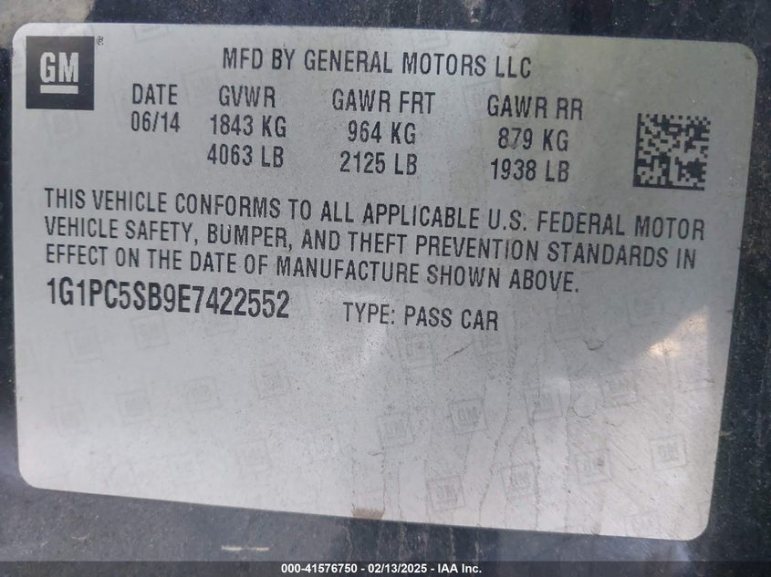 2014 CHEVROLET CRUZE VIN: 1G1PC5SB9E7422552