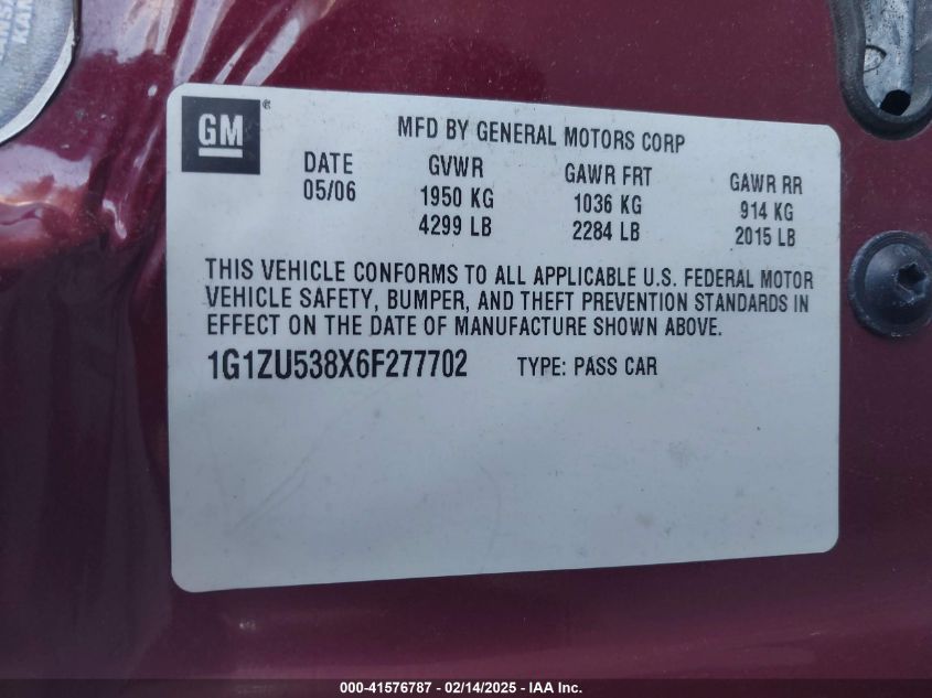 2006 Chevrolet Malibu Ltz VIN: 1G1ZU538X6F37702 Lot: 41576787