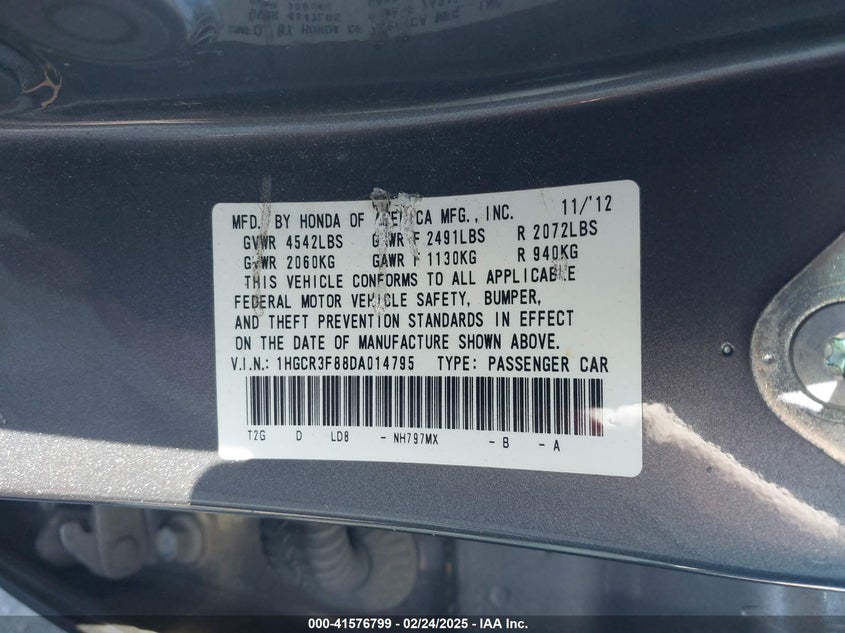2013 HONDA ACCORD VIN: 1HGCR3F88DA014795