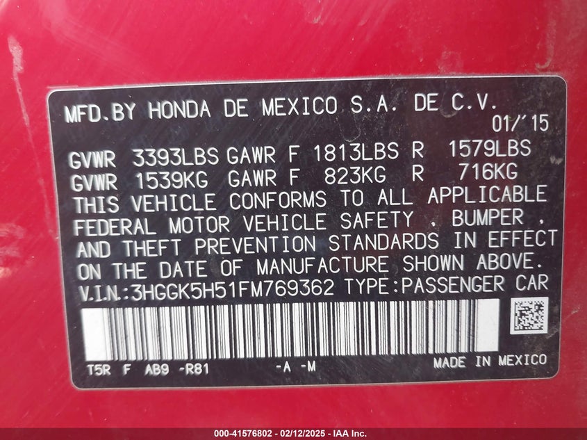 2015 HONDA FIT VIN: 3HGGK5H51FM769362