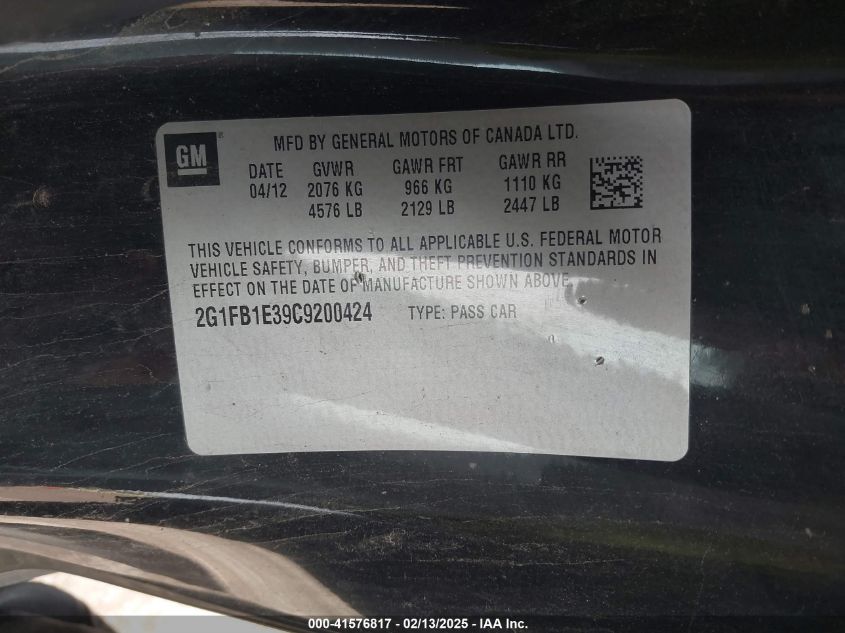 2012 Chevrolet Camaro 1Lt VIN: 2G1FB1E39C9200424 Lot: 41576817