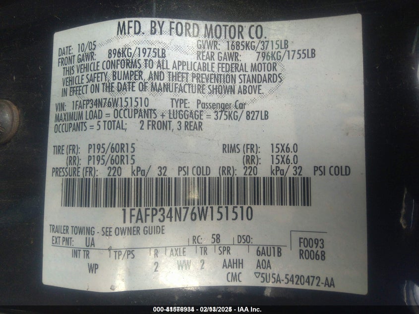 2006 FORD FOCUS VIN: 1FAFP34N76W151510