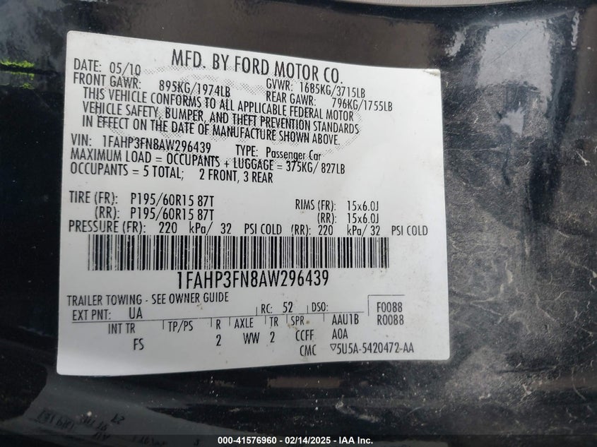 2010 FORD FOCUS VIN: 1FAHP3FN8AW296439