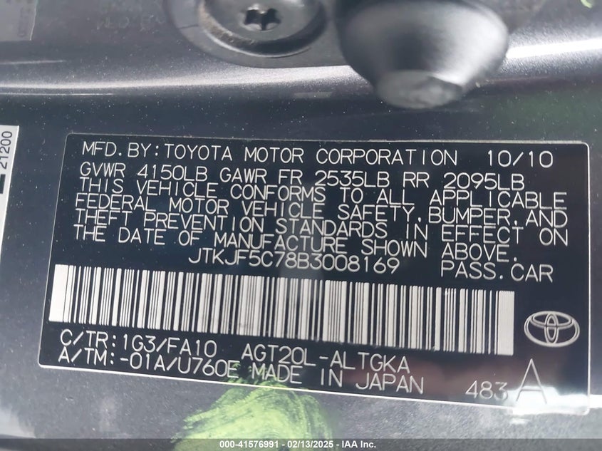 2011 SCION TC VIN: JTKJF5C78B3008169