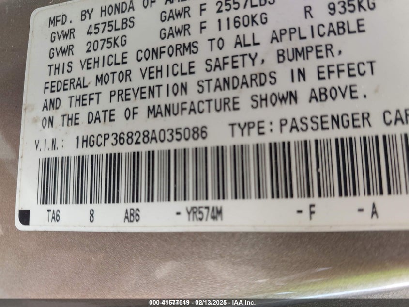 2008 HONDA ACCORD VIN: 1HGCP36828A035086