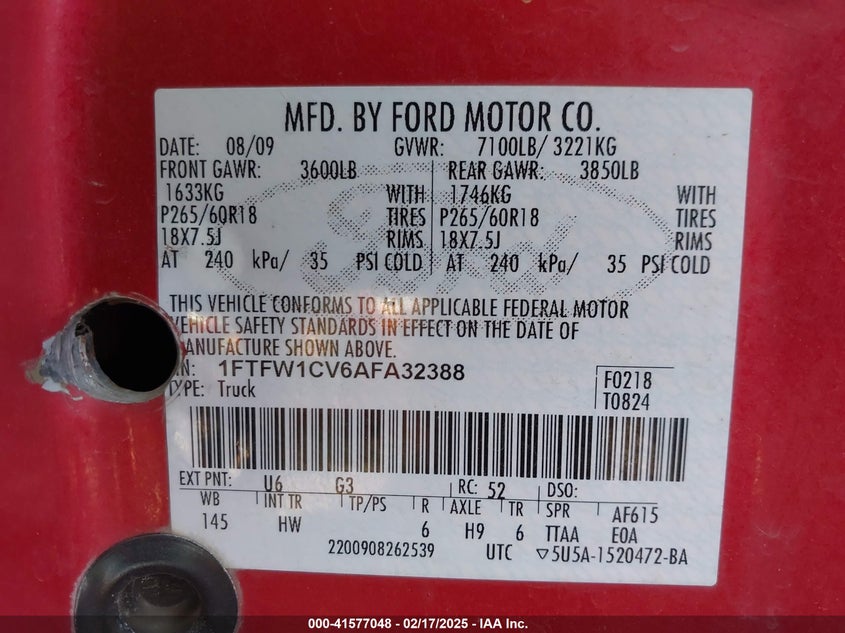 2010 FORD F150 VIN: 1FTFW1CV6AFA32388