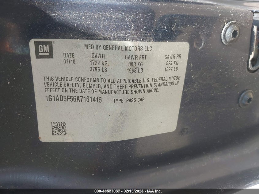 2010 CHEVROLET COBALT VIN: 1G1AD5F56A7161415