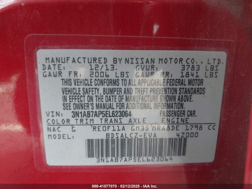 2014 Nissan Sentra S VIN: 3N1AB7AP5EL623064 Lot: 41577070