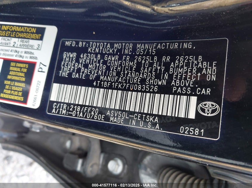 2015 TOYOTA CAMRY VIN: 4T1BF1FK7FU083526