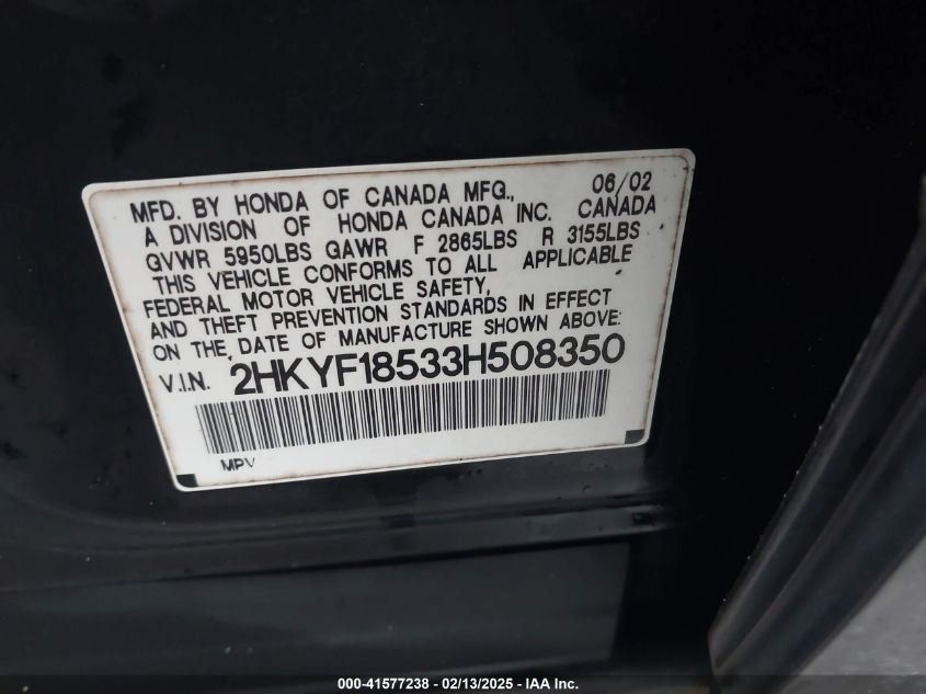 2003 Honda Pilot Ex-L VIN: 2HKYF18533H508350 Lot: 41577238