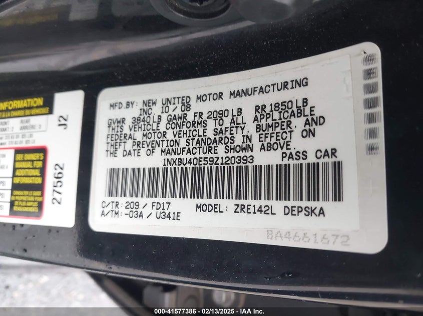 2009 TOYOTA COROLLA VIN: 1NXBU40E59Z120393