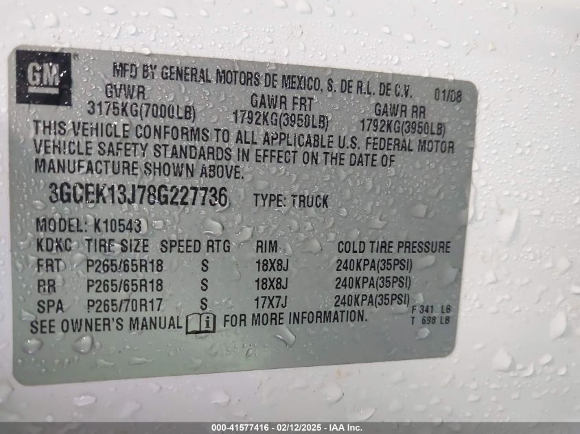 2008 Chevrolet Silverado 1500 Ltz VIN: 3GCEK13J78G227736 Lot: 41577416