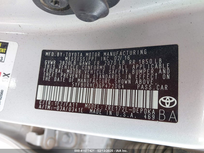 2016 Toyota Corolla L VIN: 5YFBURHE3GP472064 Lot: 41577421