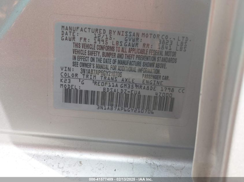 2016 Nissan Sentra Sv VIN: 3N1AB7AP6GY210706 Lot: 41577489