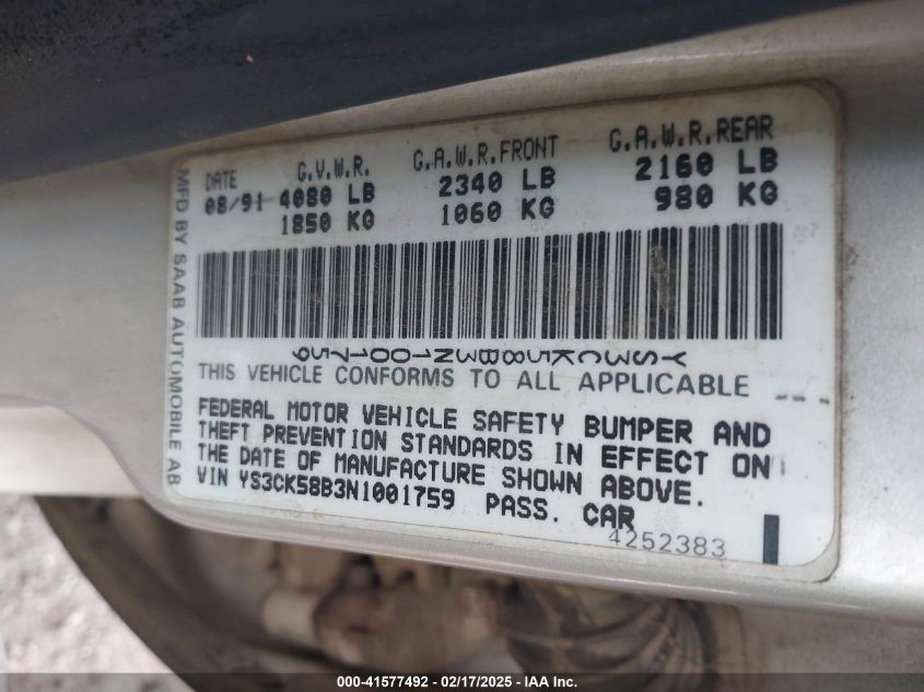 1992 Saab 9000 S VIN: YS3CK58B3N1001759 Lot: 41577492