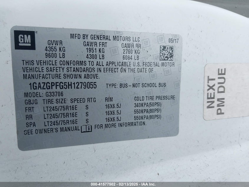 2017 CHEVROLET EXPRESS 3500 LT - 1GAZGPFG5H1279055