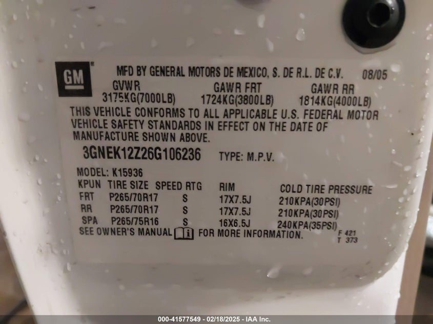 2006 CHEVROLET AVALANCHE VIN: 3GNEK12Z26G106236