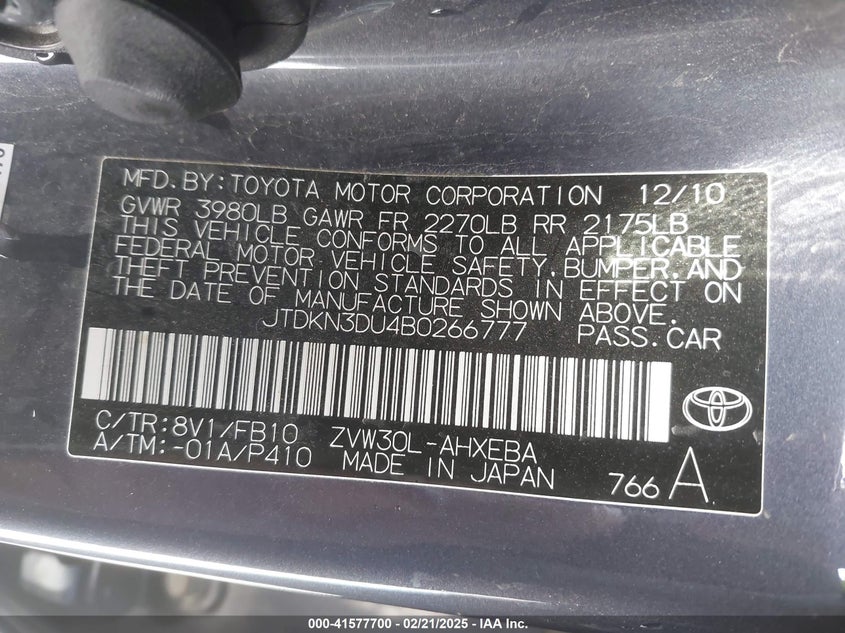 2011 TOYOTA PRIUS VIN: JTDKN3DU4B0266777