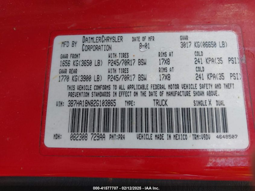 2002 Dodge Ram 1500 St VIN: 3B7HA18N82G103865 Lot: 41577707
