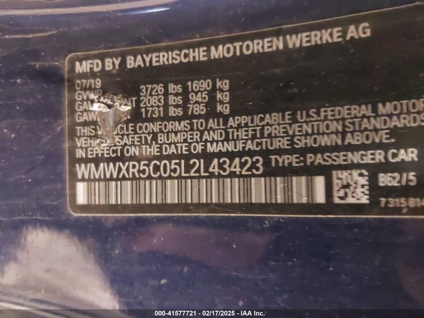 2020 MINI HARDTOP VIN: WMWXR5C05L2L43423