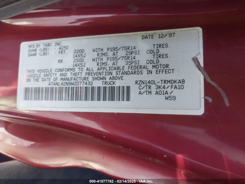 1998 Toyota Tacoma VIN: 4TANL42N9WZ077432 Lot: 41577762