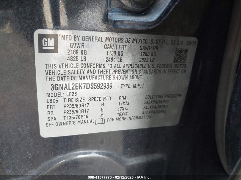 2013 Chevrolet Captiva Sport 2Ls VIN: 3GNAL2EK7DS592939 Lot: 41577770