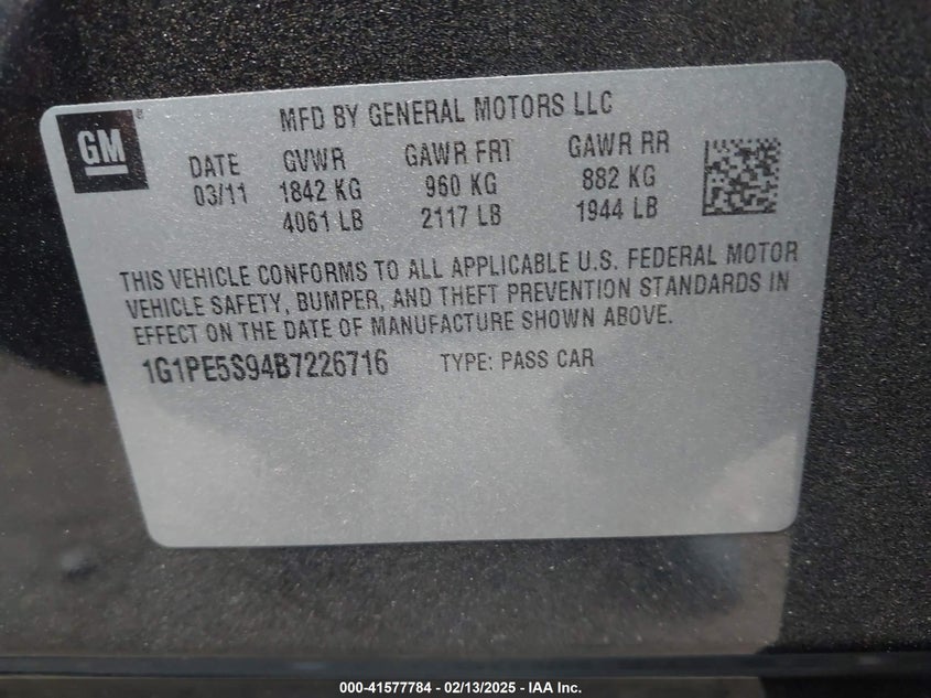 2011 CHEVROLET CRUZE VIN: 1G1PE5S94B7226716