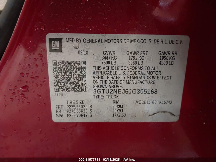 2018 GMC SIERRA 1500 VIN: 3GTU2NEJ6JG305168