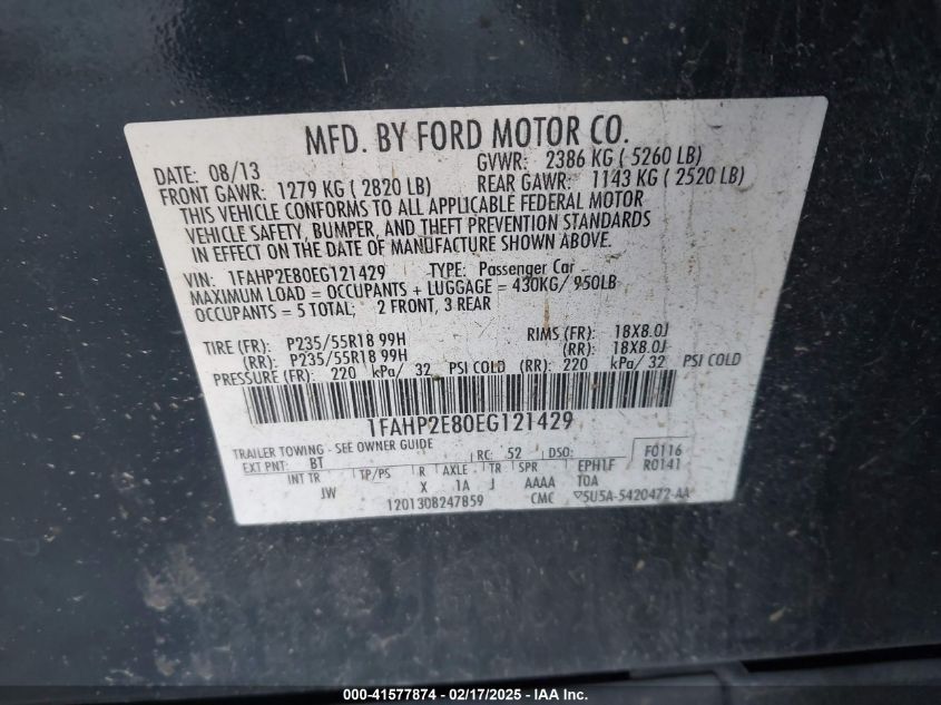 2014 Ford Taurus Sel VIN: 1FAHP2E80EG121429 Lot: 41577874