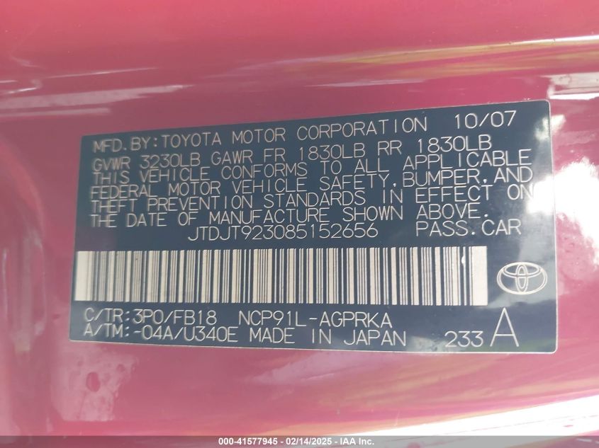 2008 Toyota Yaris VIN: JTDJT923085152656 Lot: 41577945