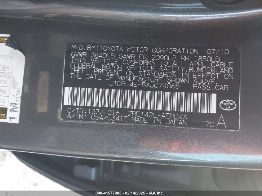 2010 Toyota Corolla Le VIN: JTDBU4EE5AJ074065 Lot: 41577985