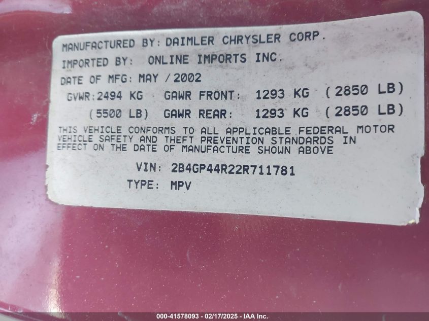 2002 Dodge Grand Caravan Sport VIN: 2B4GP44R22R711781 Lot: 41578093