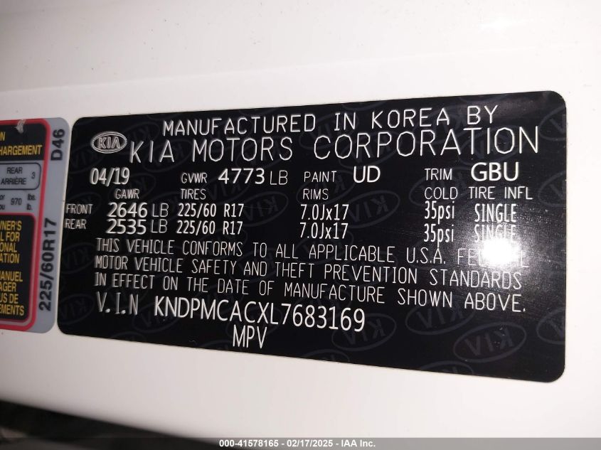 2020 Kia Sportage Lx VIN: KNDPMCACXL7683169 Lot: 41578165