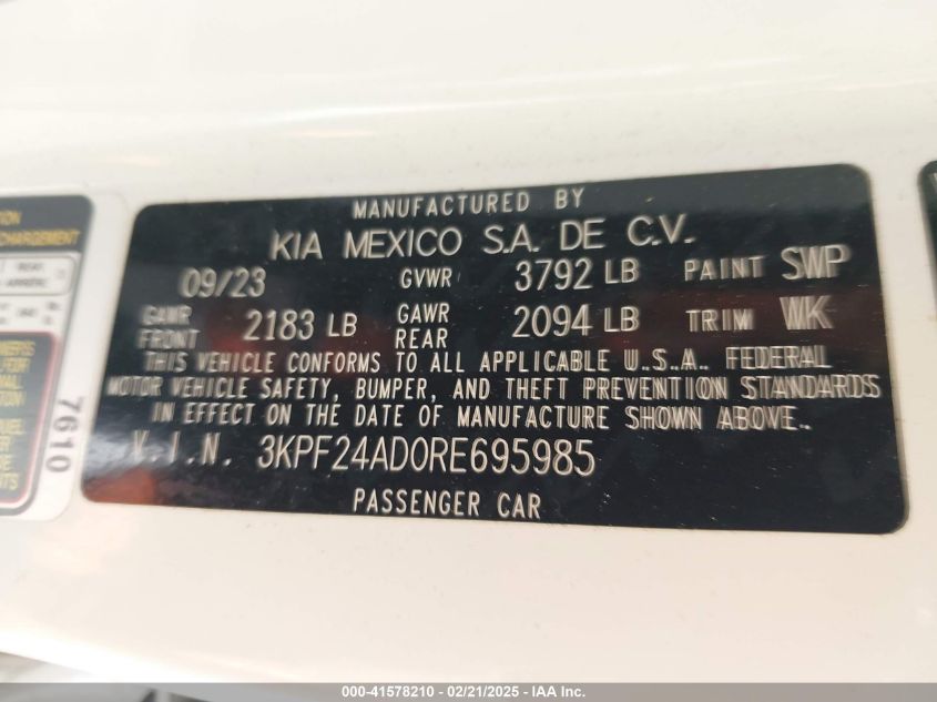 2024 Kia Forte Lxs VIN: 3KPF24AD0RE695985 Lot: 41578210