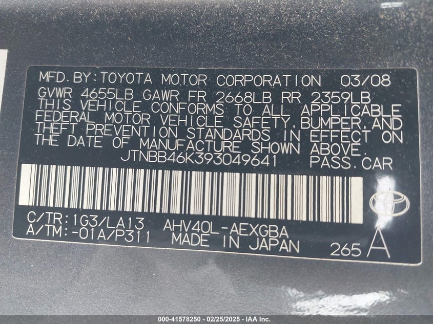 2009 TOYOTA CAMRY HYBRID VIN: JTNBB46K393049641
