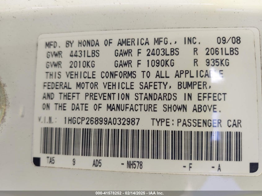 2009 HONDA ACCORD VIN: 1HGCP26899A032987