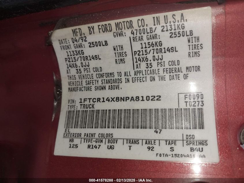1992 Ford Ranger Super Cab VIN: 1FTCR14X8NPA81022 Lot: 41578288