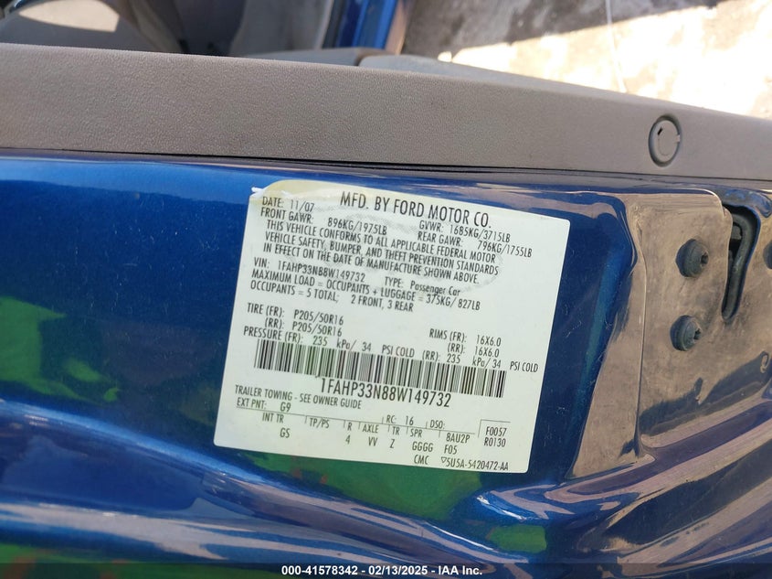 2008 FORD FOCUS VIN: 1FAHP33N88W149732