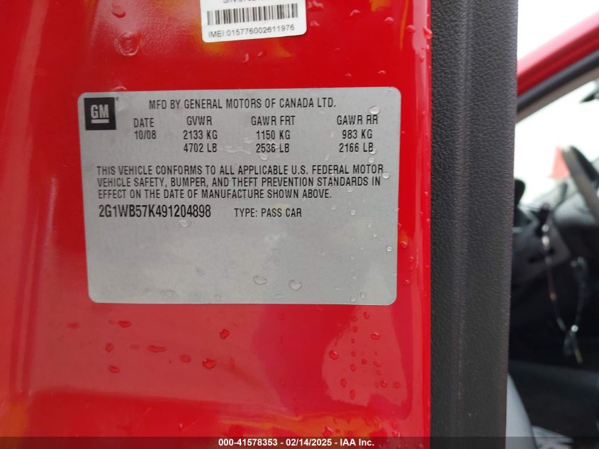 2009 Chevrolet Impala Ls VIN: 2G1WB57K491204898 Lot: 41578353